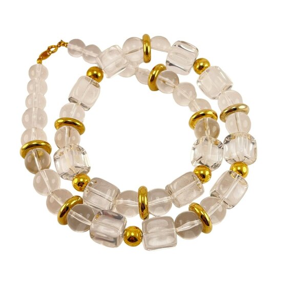 Trifari Clear Lucite and Gold Beaded Necklace 1970s 22 inch - Picture 4 of 7